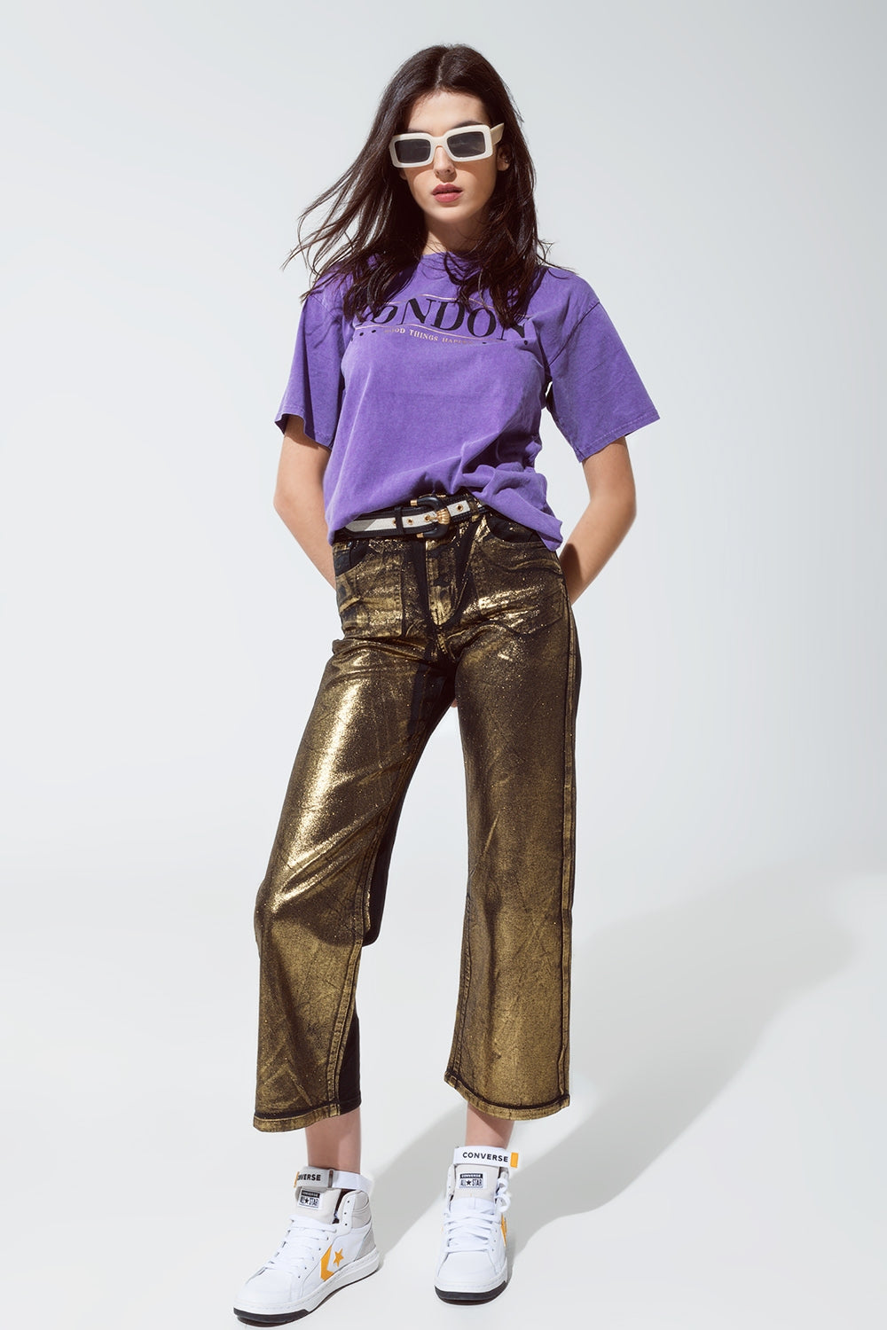 Black straight leg jeans with gold metallic glow - Coloured Jeans