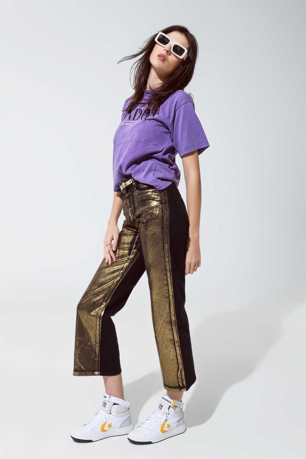 Black straight leg jeans with gold metallic glow - Coloured Jeans