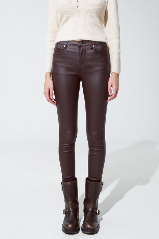 leatherette effect super skinny trousers in dark brown - trousers