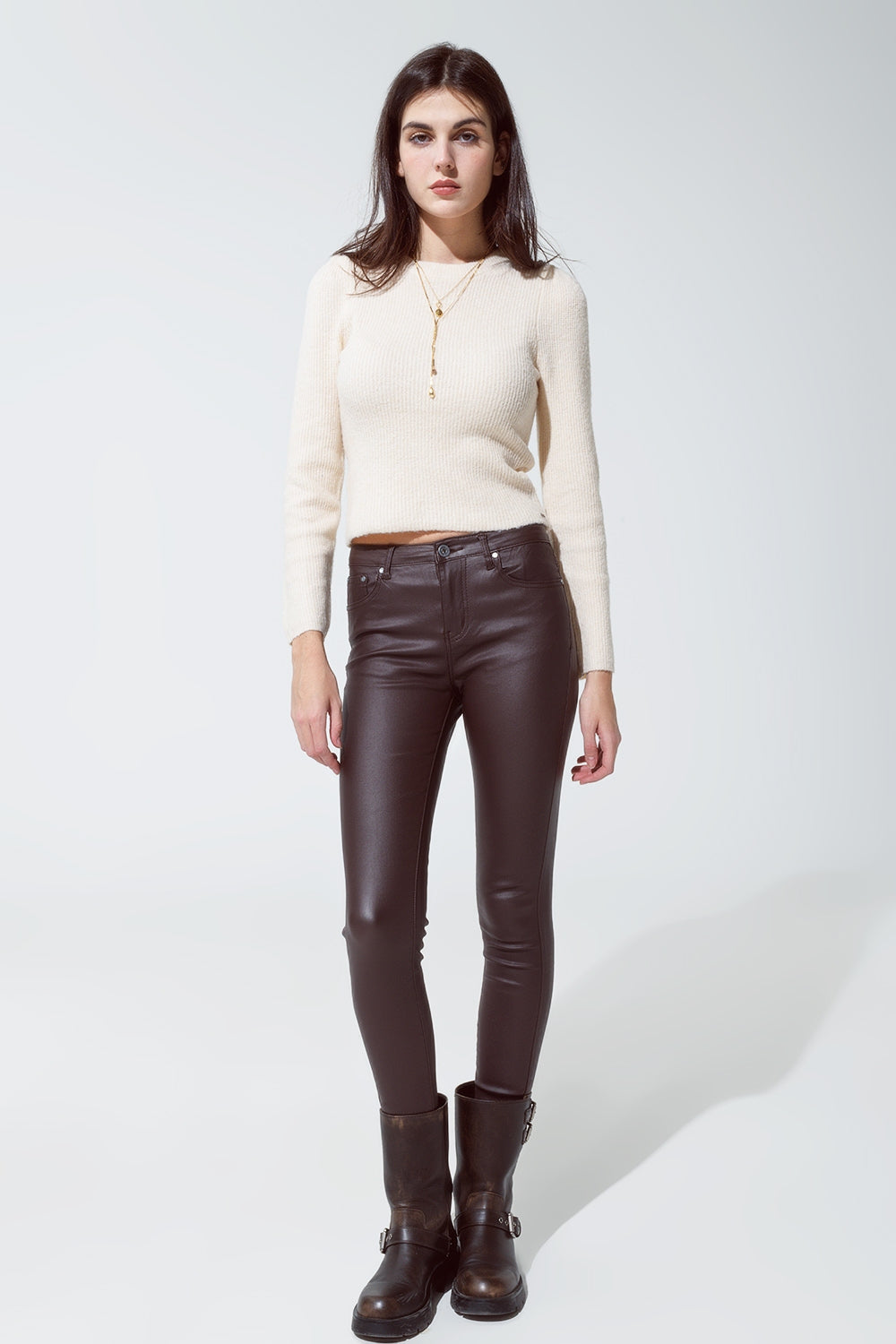 leatherette effect super skinny trousers in dark brown