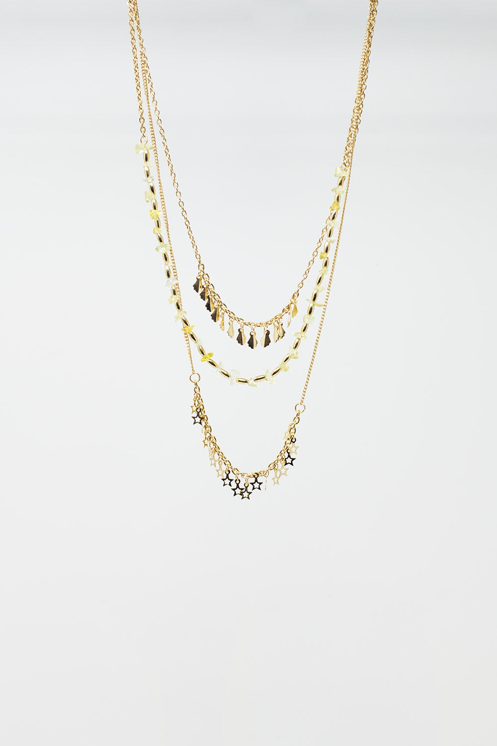3 in 1 Long Necklace in Gold With a Variety of Beads and stars