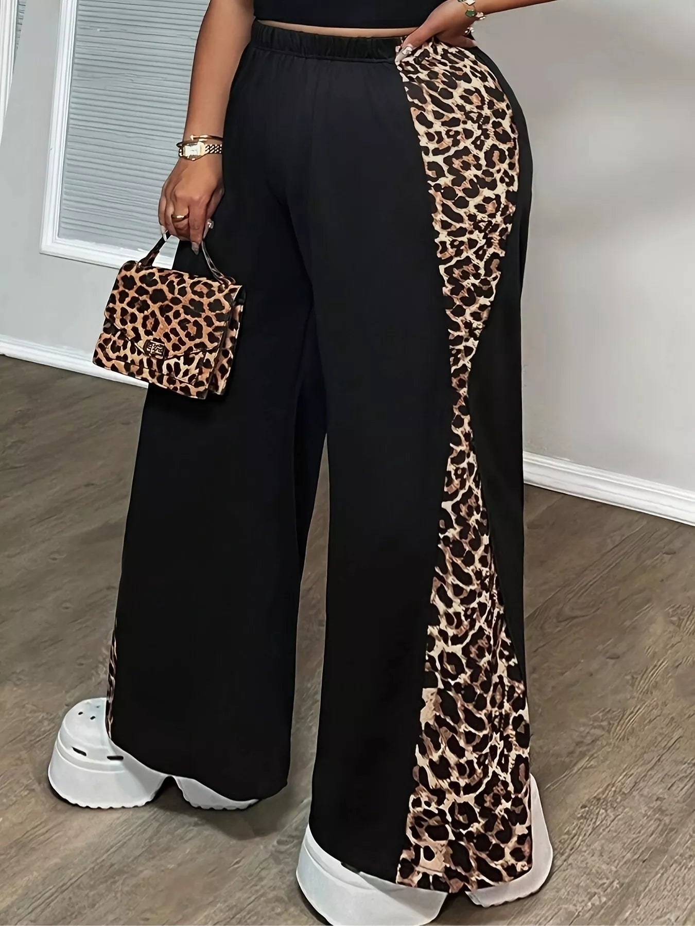 Plus Size Leopard Print Wide Leg Trousers Black - Pants