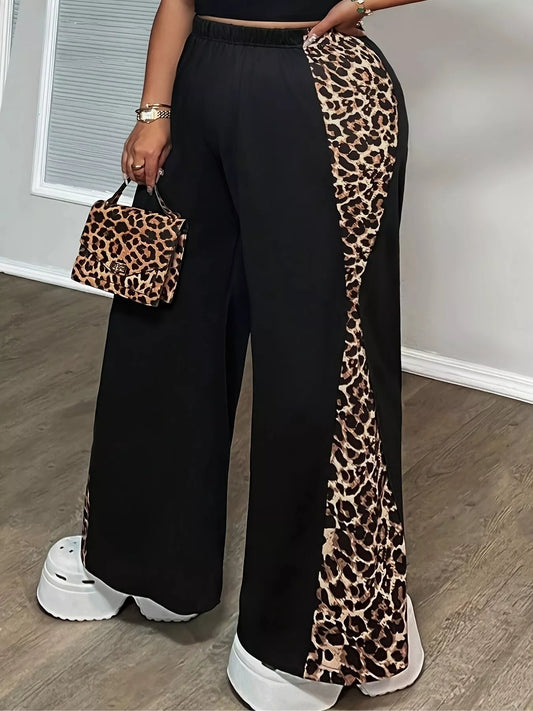 Plus Size Leopard Print Wide Leg Trousers Black - Pants