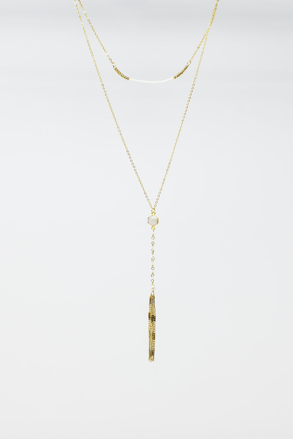 Long 2 in 1 gold necklace with bead details