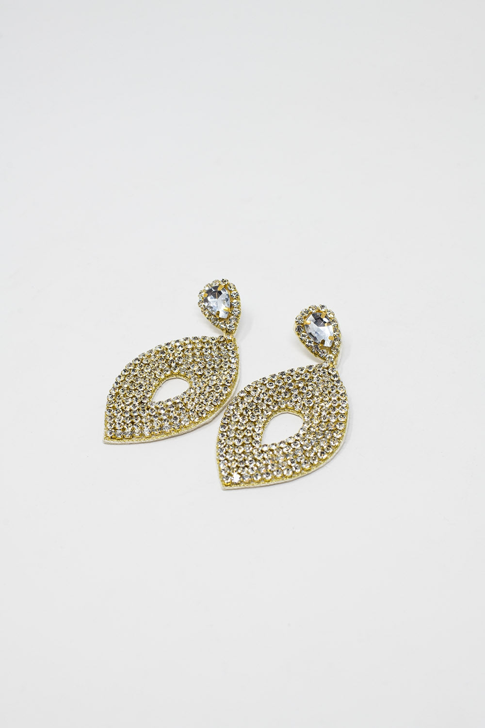 Long Rhomboid Earings With Big Center Jewel and Strass Details