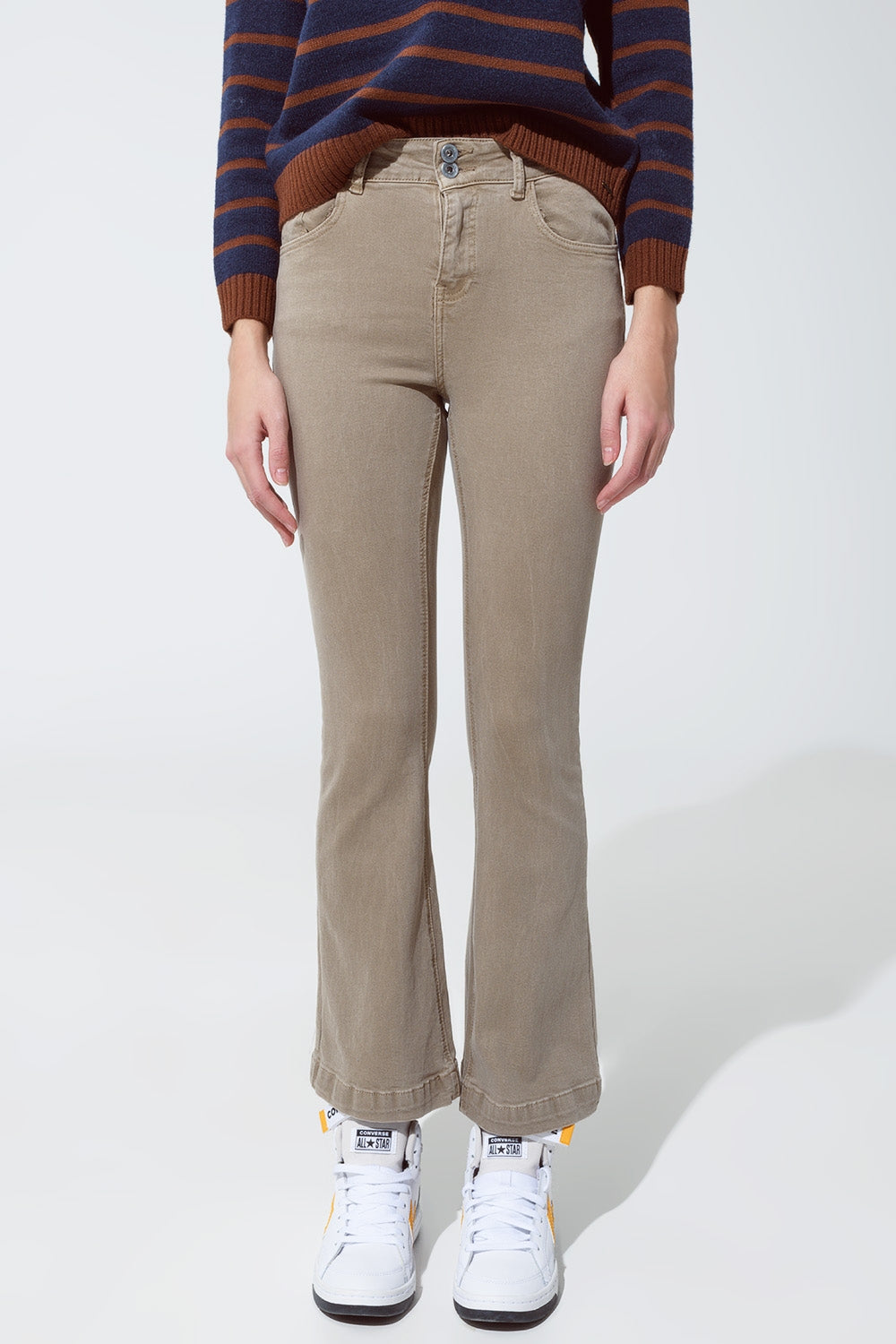Skinny Flared Jeans With Double Button Detail in Beige - Coloured Jeans