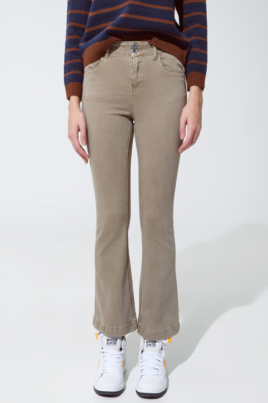 Skinny Flared Jeans With Double Button Detail in Beige - Coloured Jeans