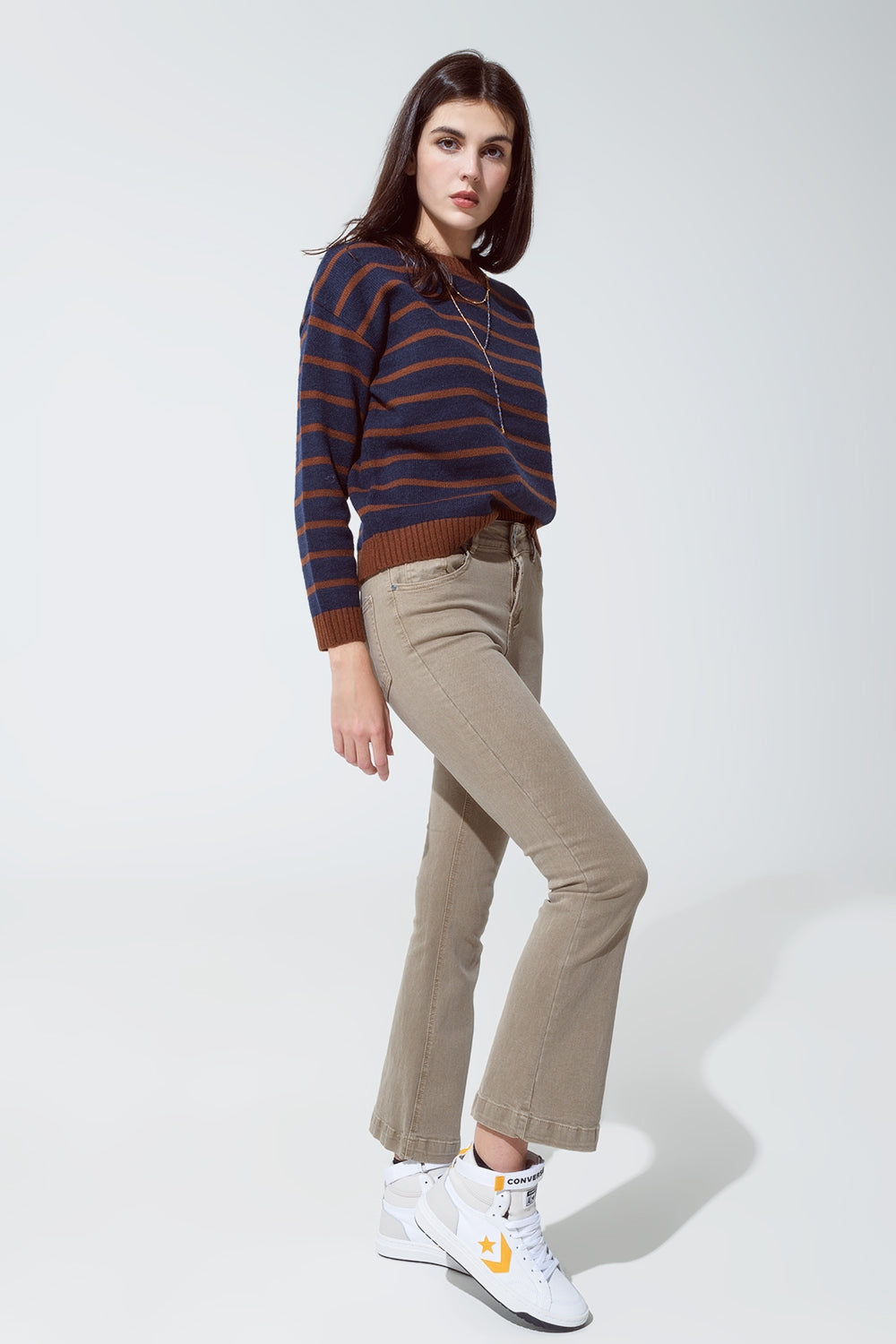 Skinny Flared Jeans With Double Button Detail in Beige - Coloured Jeans