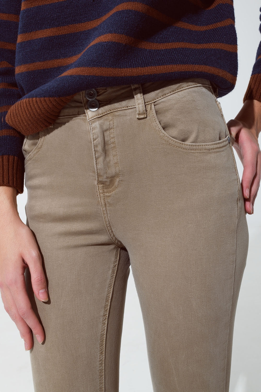 Skinny Flared Jeans With Double Button Detail in Beige - Coloured Jeans