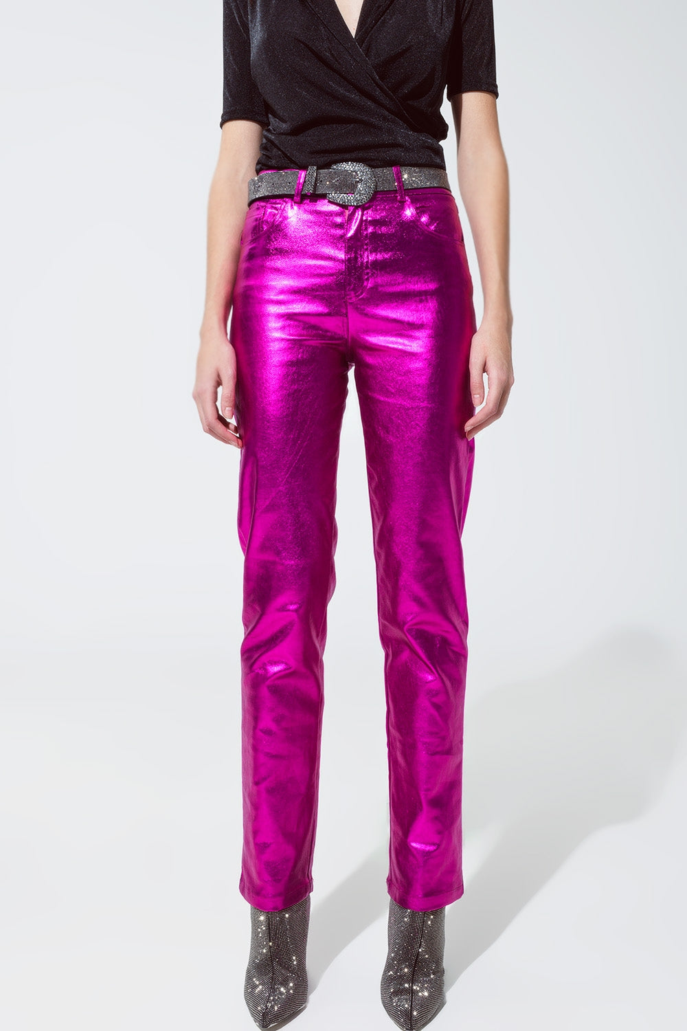 Straight Metallic Pants in Fuchsia - trousers