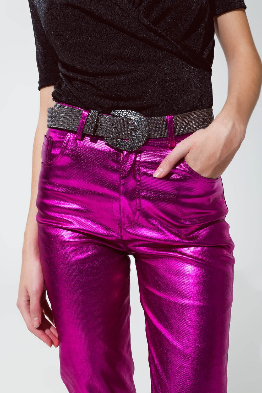 Straight Metallic Pants in Fuchsia - trousers