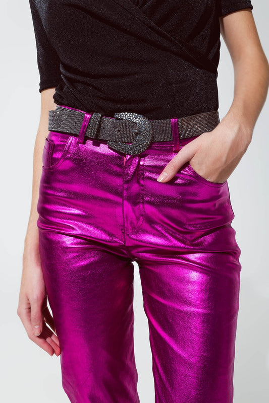 Straight Metallic Pants in Fuchsia - trousers