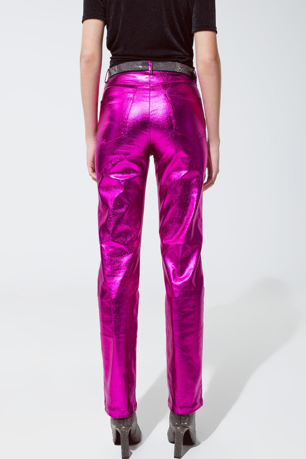 Straight Metallic Pants in Fuchsia - trousers