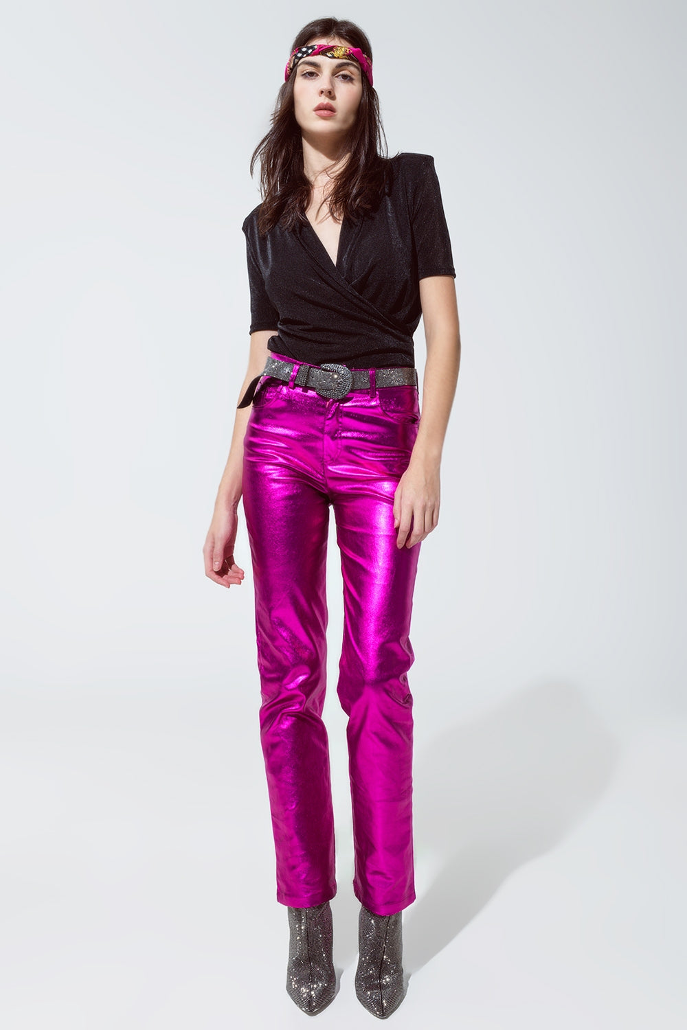 Straight Metallic Pants in Fuchsia - trousers