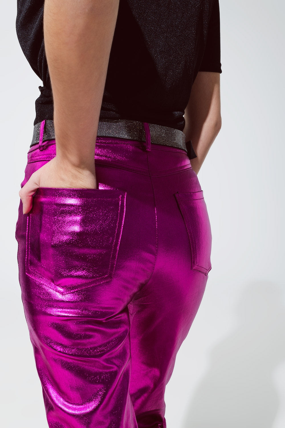 Straight Metallic Pants in Fuchsia - trousers