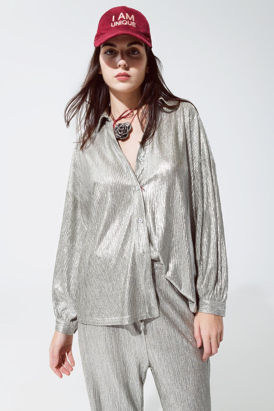 Relaxed Fit Button Down Shirt With Balloon Sleeves in Silver - Shirts