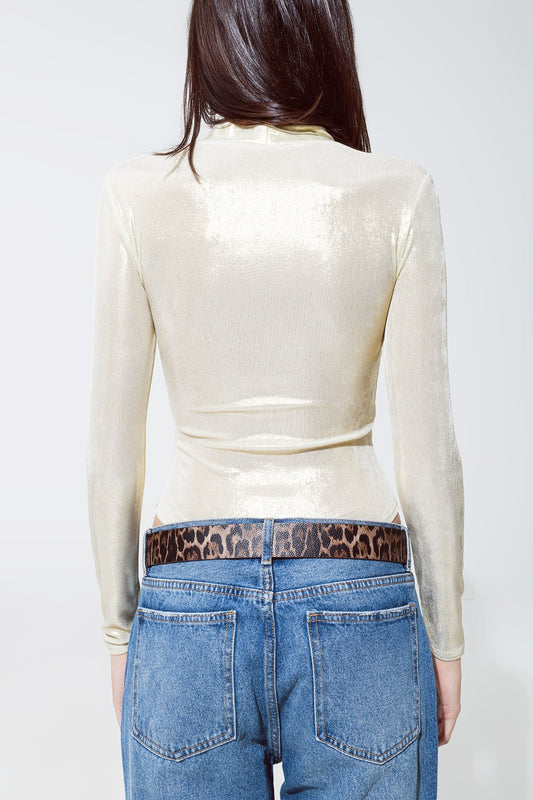 Metallic Finish Bodysuit With Draped Details In Pearl White - top