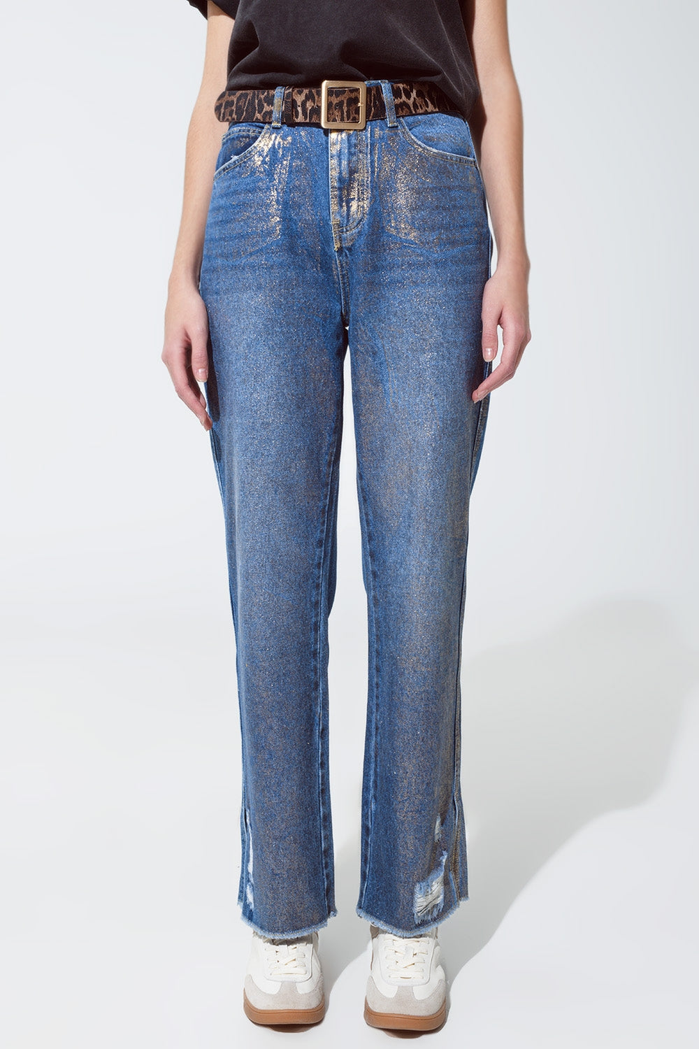 Straight leg ripped jeans with gold metallic glow