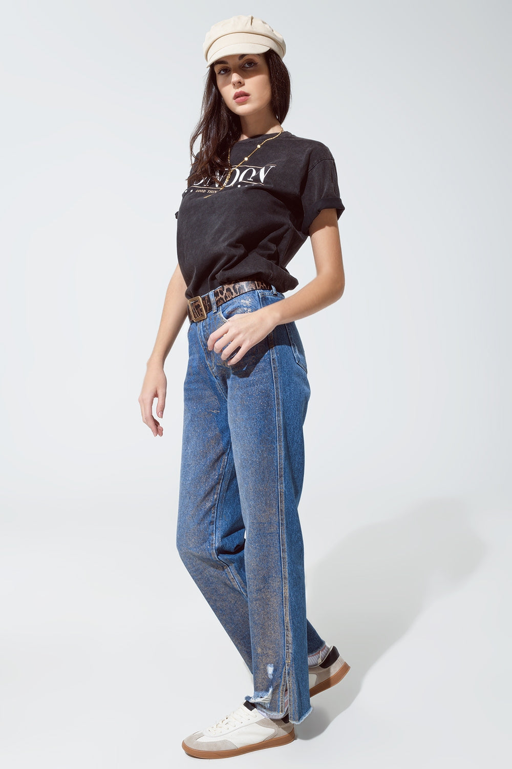 Straight leg ripped jeans with gold metallic glow - Denim