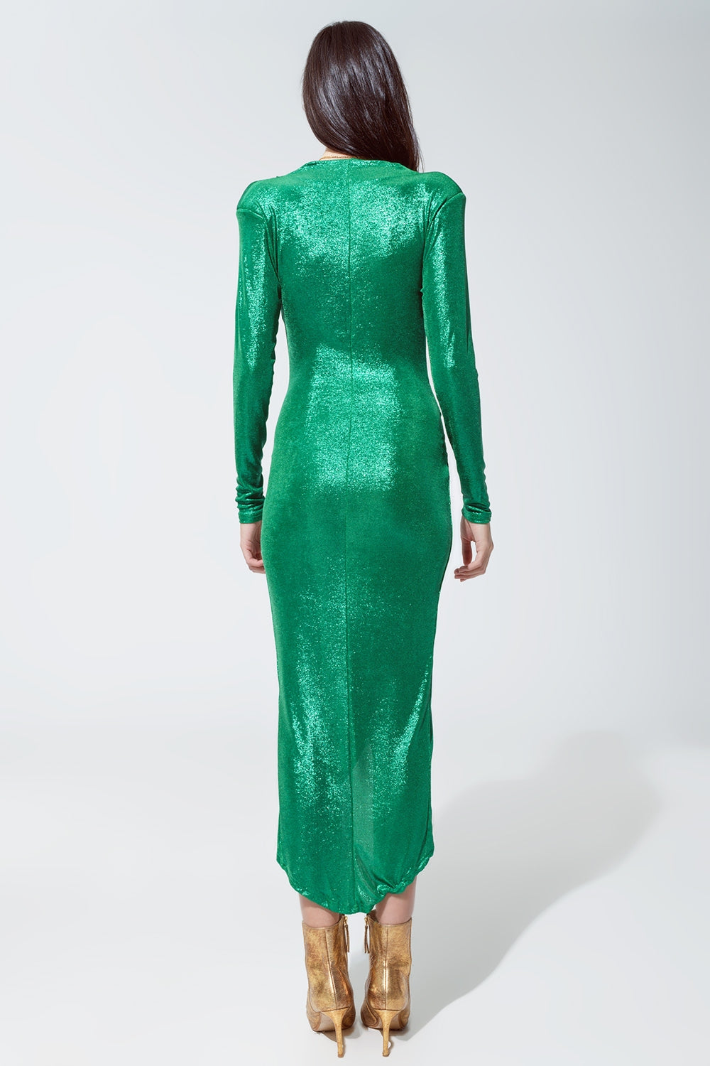 Wrapped Party Dress With Plunge Neckline in Metallic Green - dress