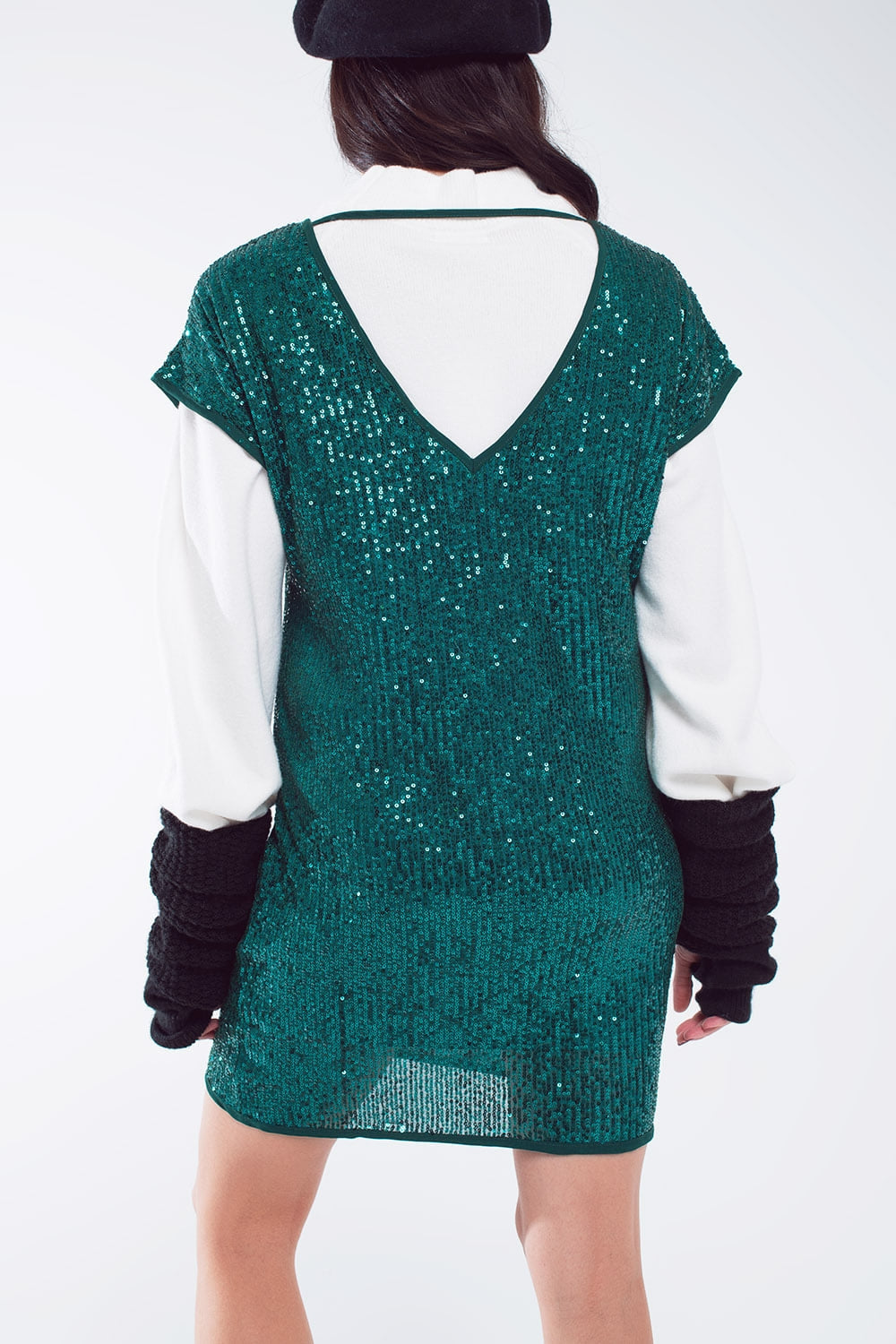 Relaxed Sequin Dress With Short Sleeves and Open Back in Green - dress