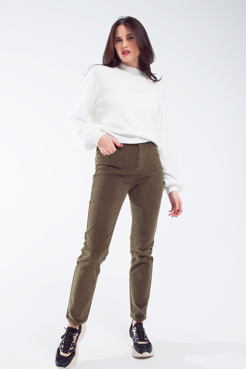 skinny cord pants in olive green - trousers