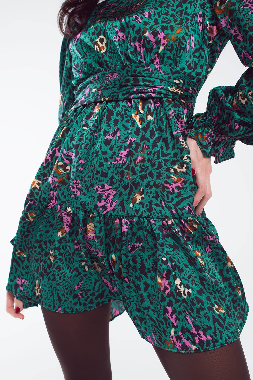 Short Printed Dress With Tiered Skirt and Ruffled Cuff in Forest Green - dress