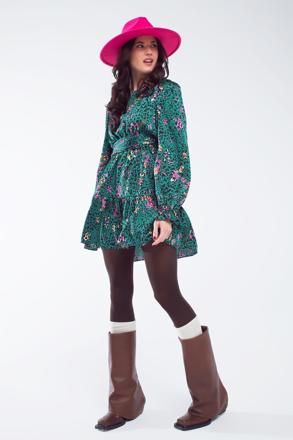Short Printed Dress With Tiered Skirt and Ruffled Cuff in Forest Green - dress