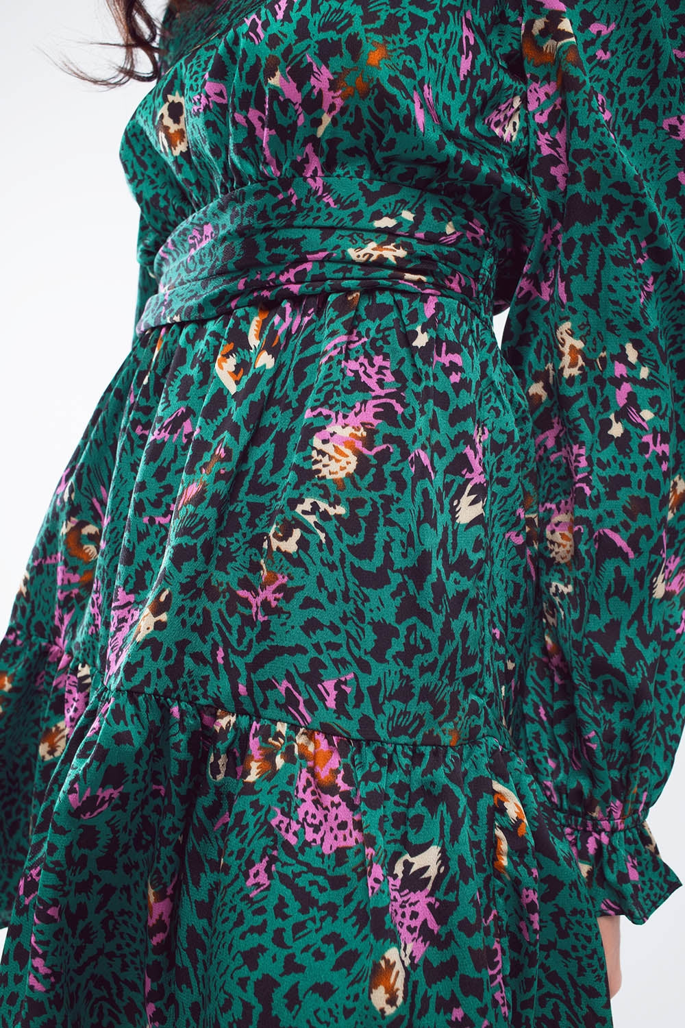Short Printed Dress With Tiered Skirt and Ruffled Cuff in Forest Green - dress