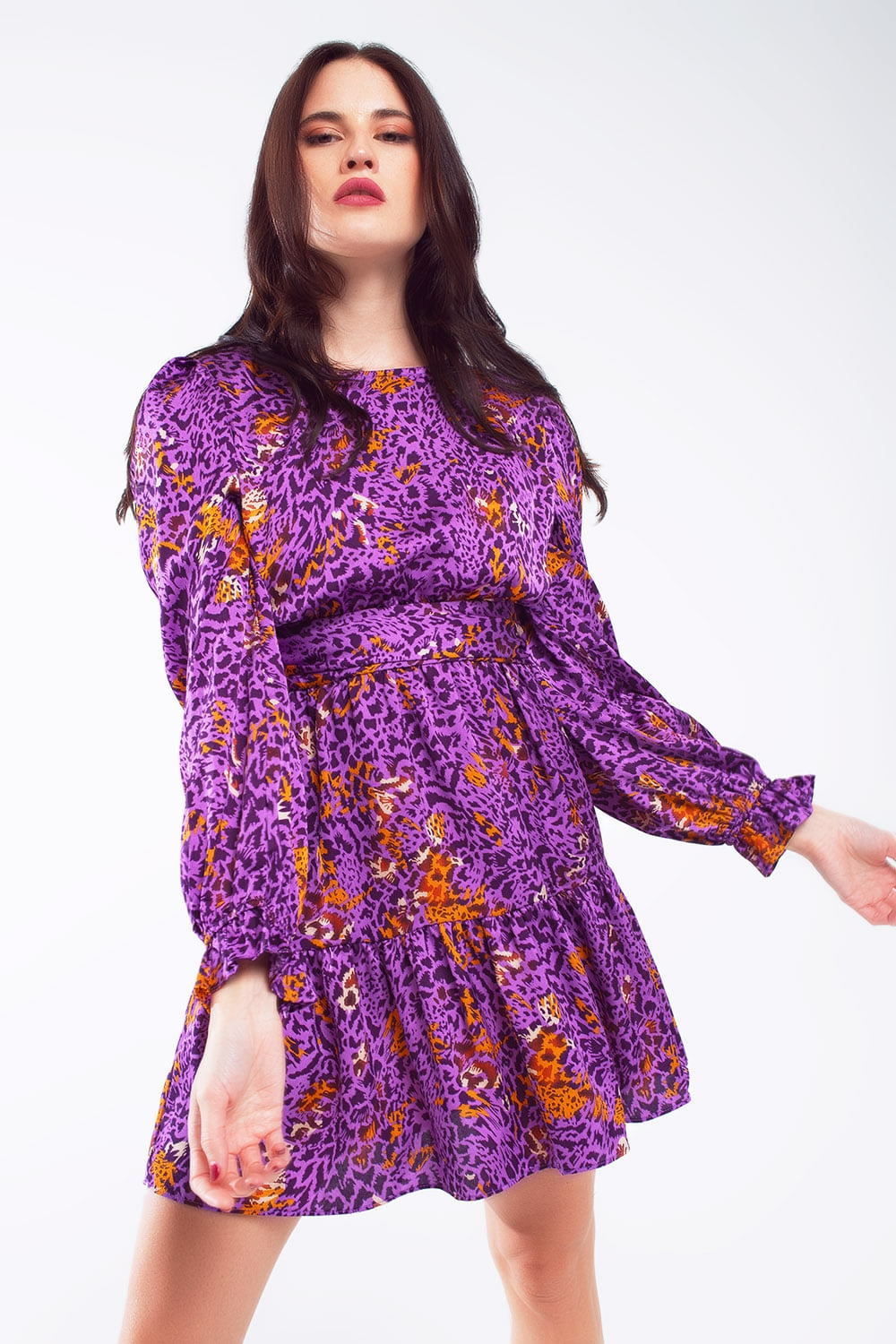 Short Printed Dress With Tiered Skirt and Ruffled Cuff in Purple - dress