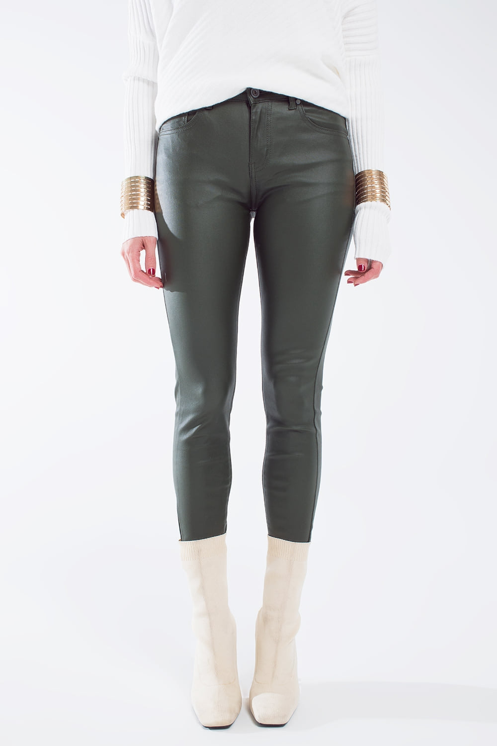 leatherette effect super skinny pants in olive green - trousers