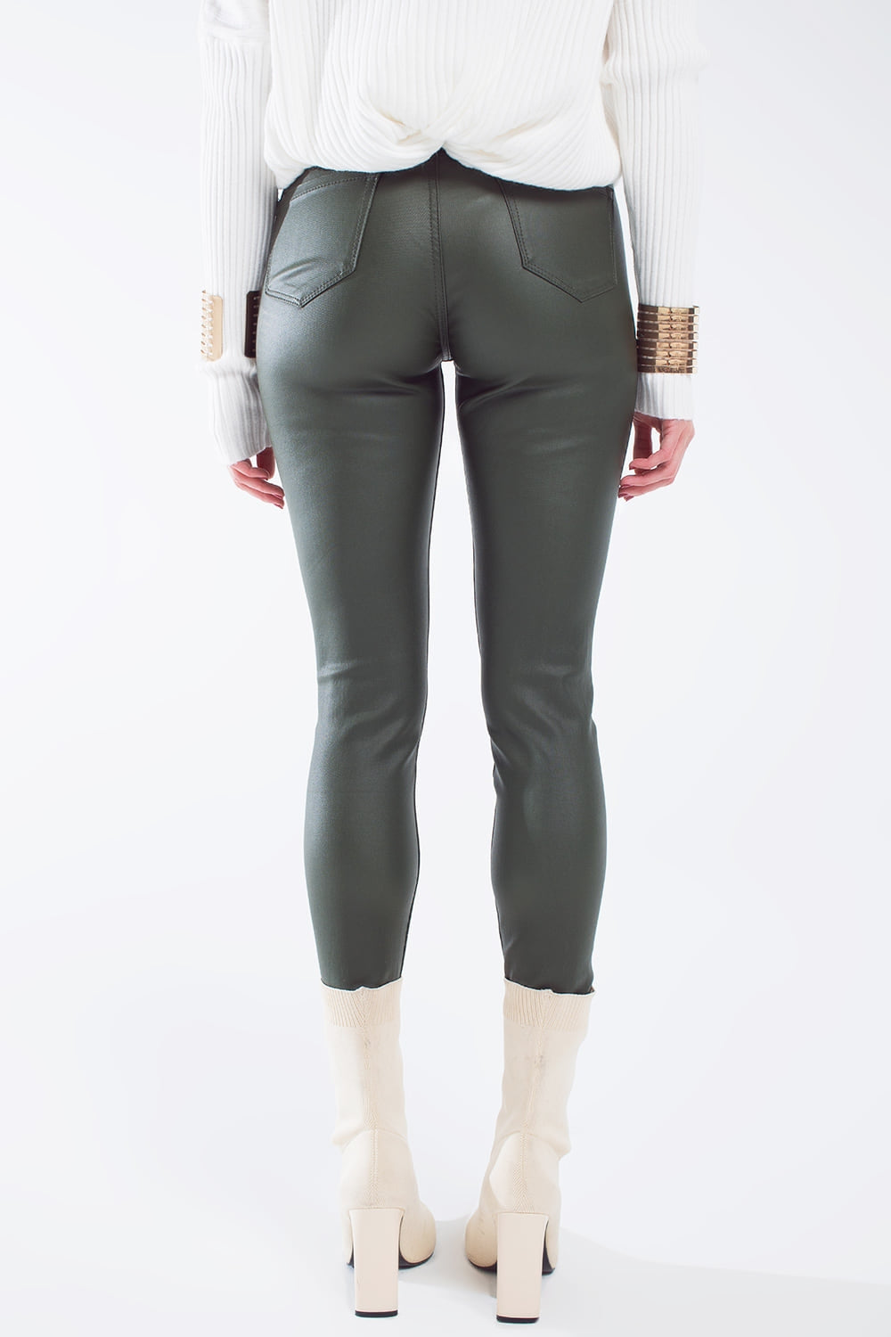 leatherette effect super skinny pants in olive green - trousers
