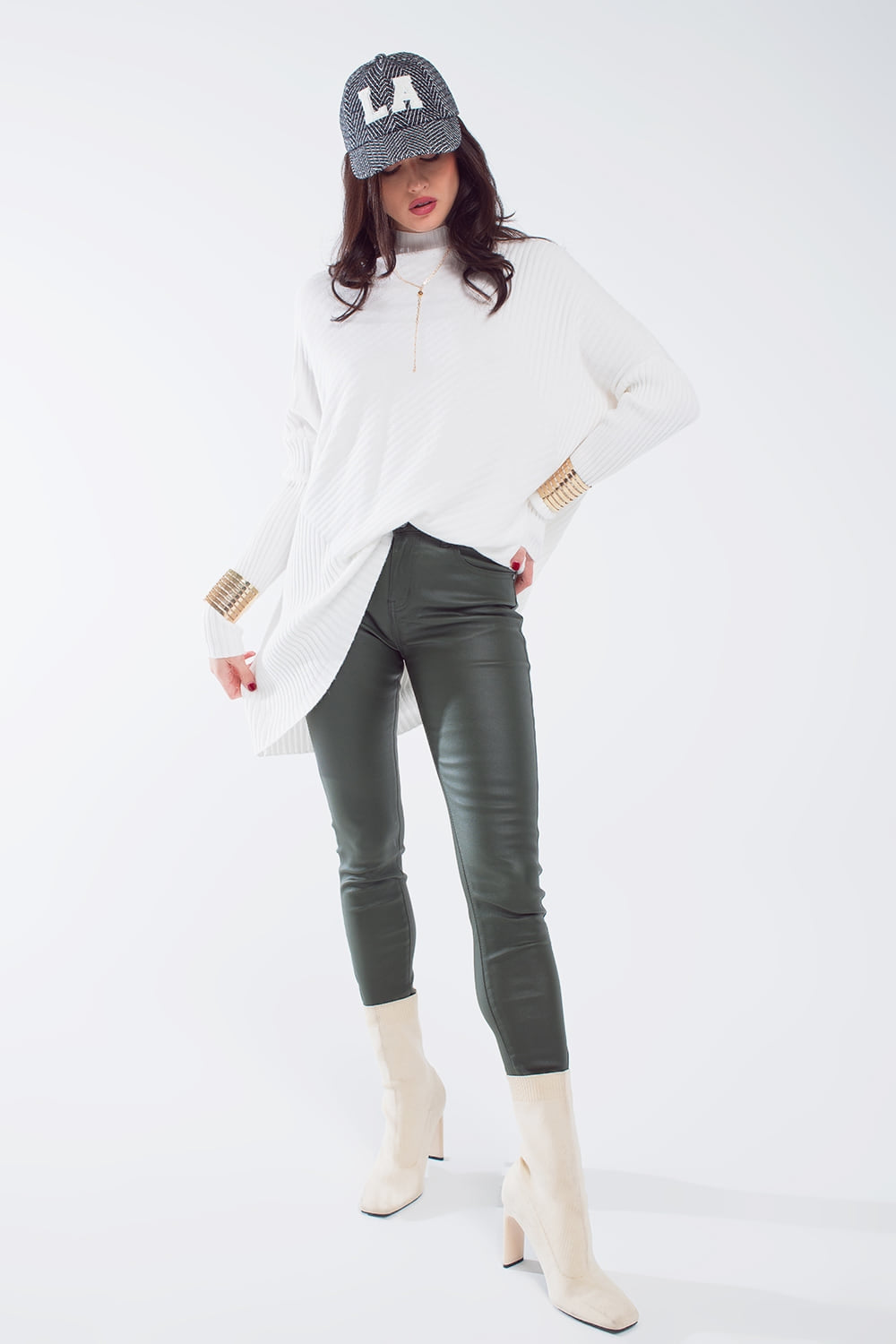 leatherette effect super skinny pants in olive green - trousers