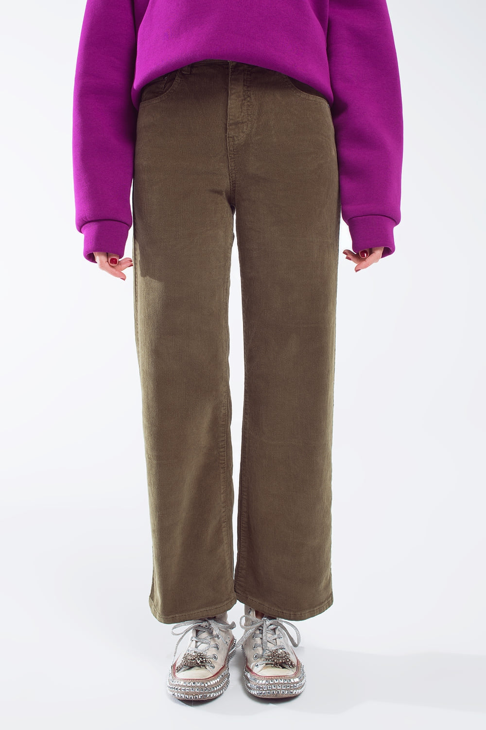 Cropped cord pants in khaki - trousers