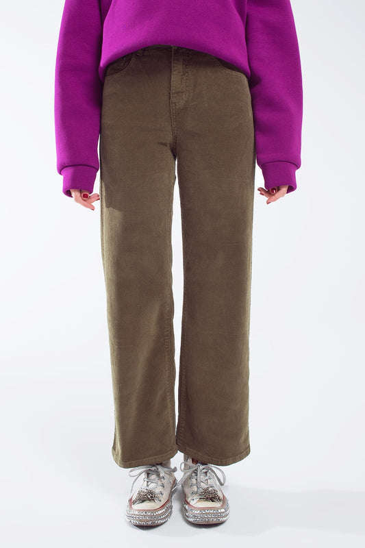 Cropped cord pants in khaki - trousers