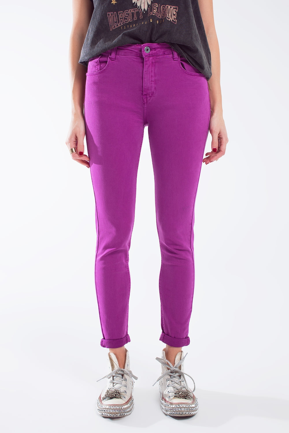 Fuchsia ankle super skinny jeans with soft wrinkles - Coloured Jeans
