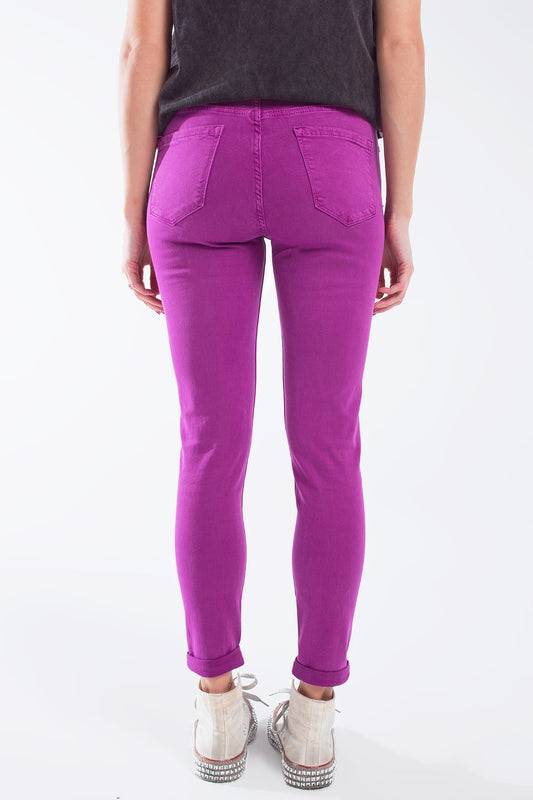 Fuchsia ankle super skinny jeans with soft wrinkles - Coloured Jeans