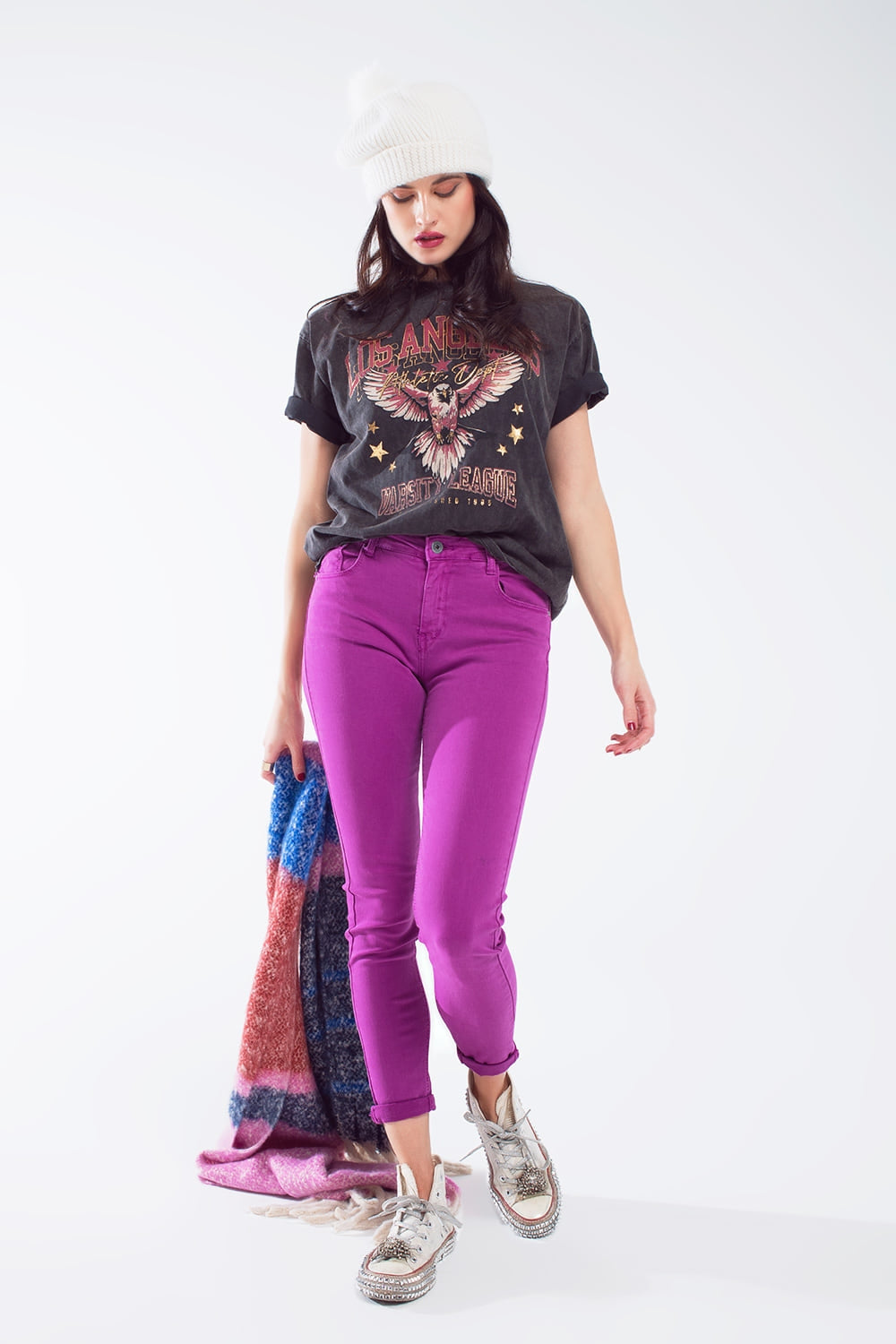 Fuchsia ankle super skinny jeans with soft wrinkles - Coloured Jeans