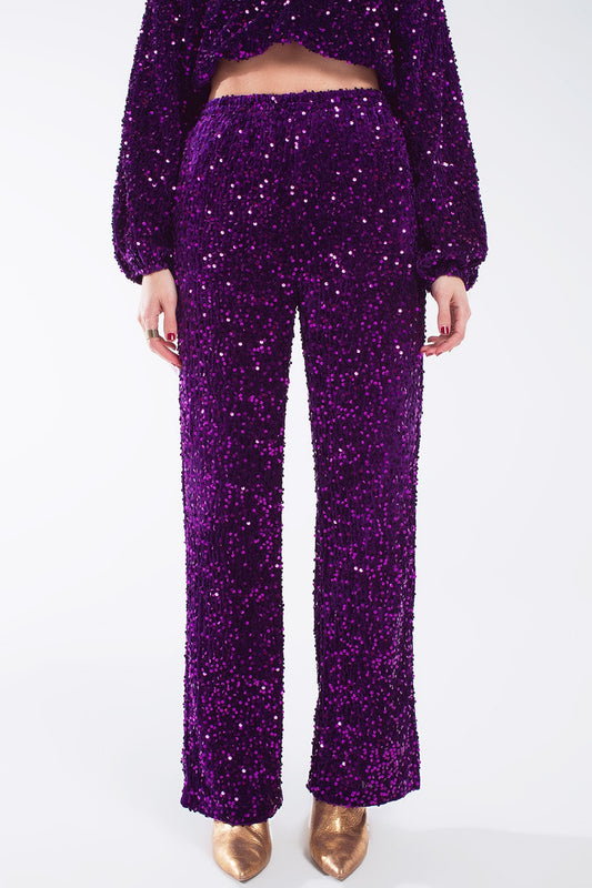 Wide Leg Sequin Pants With Side Pockets In Purple - trousers