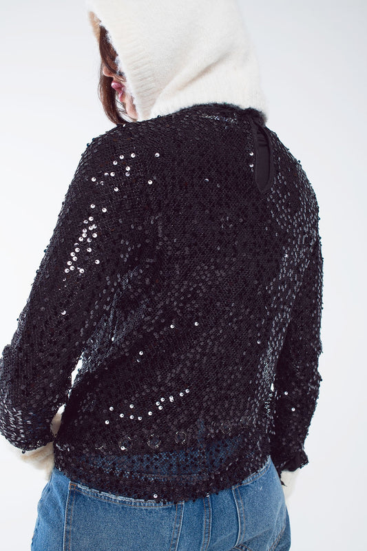 Long sleeve sequin top in black - top