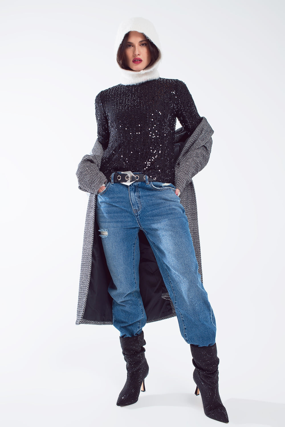 Long sleeve sequin top in black - top