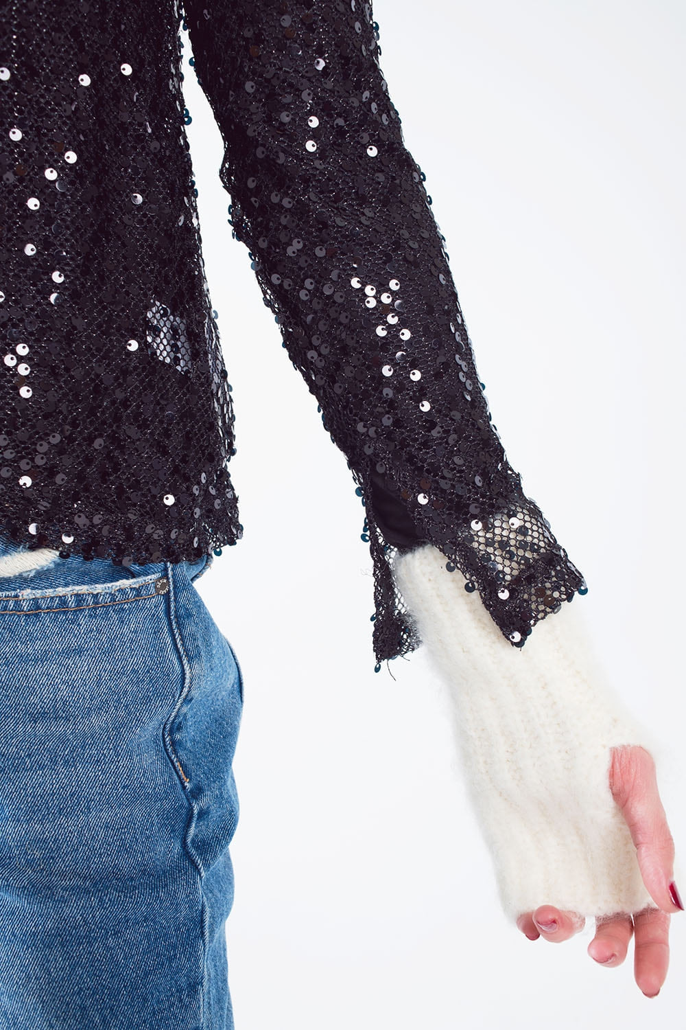 Long sleeve sequin top in black - top