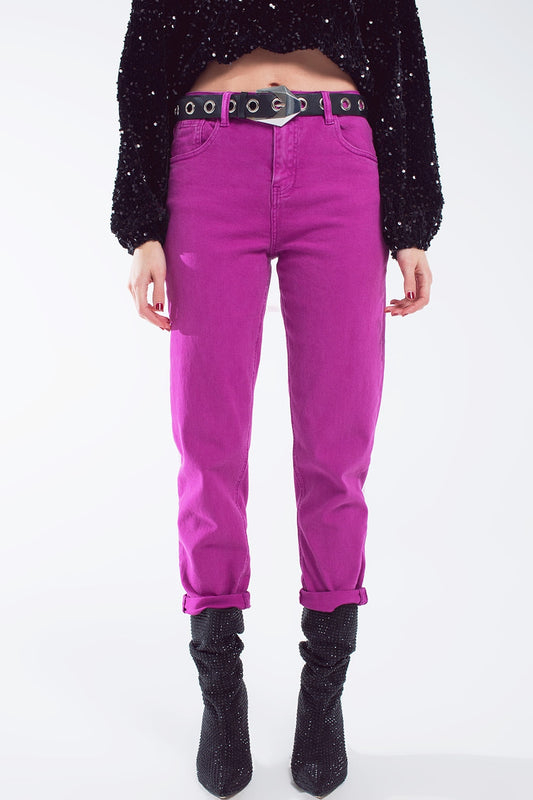 Cotton mid rise slouchy jean in Magenta - Coloured Jeans
