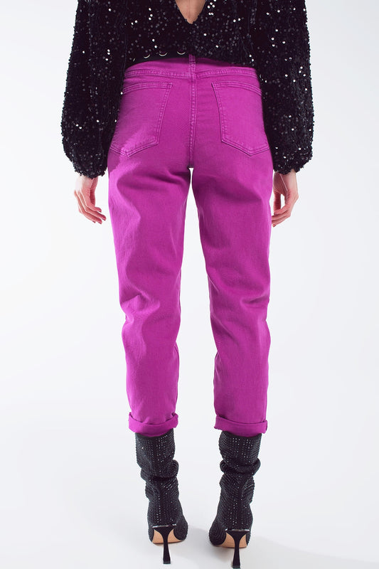 Cotton mid rise slouchy jean in Magenta - Coloured Jeans