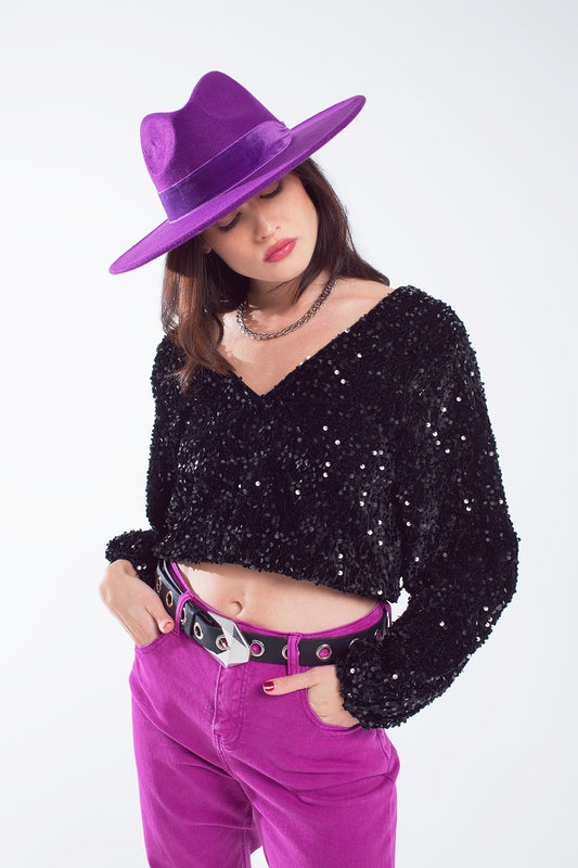 Black sequin top with V-Neckline ballon sleeves and Open Back - top