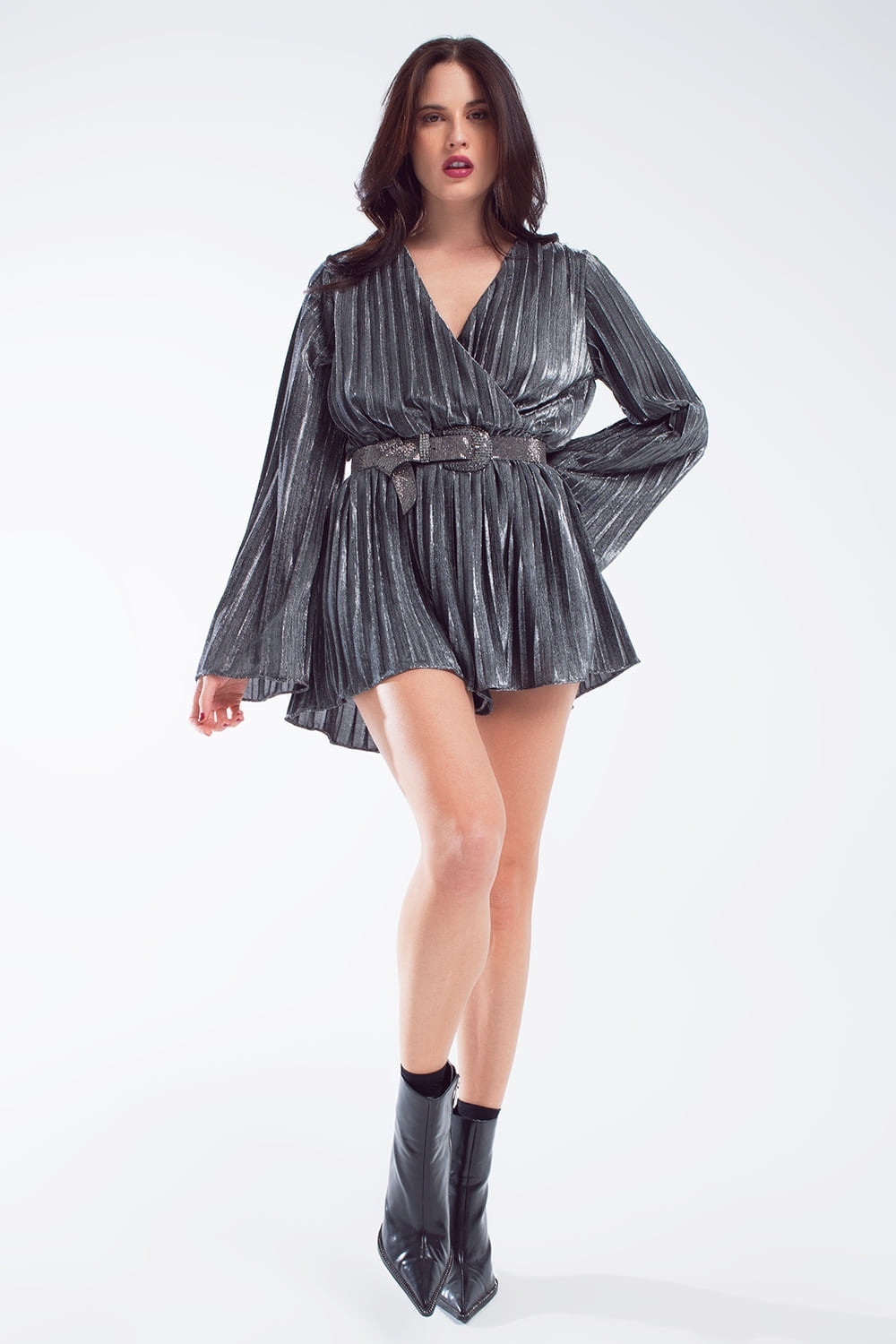 Glitter playsuit in silver with V neck - dress, jumpsuit