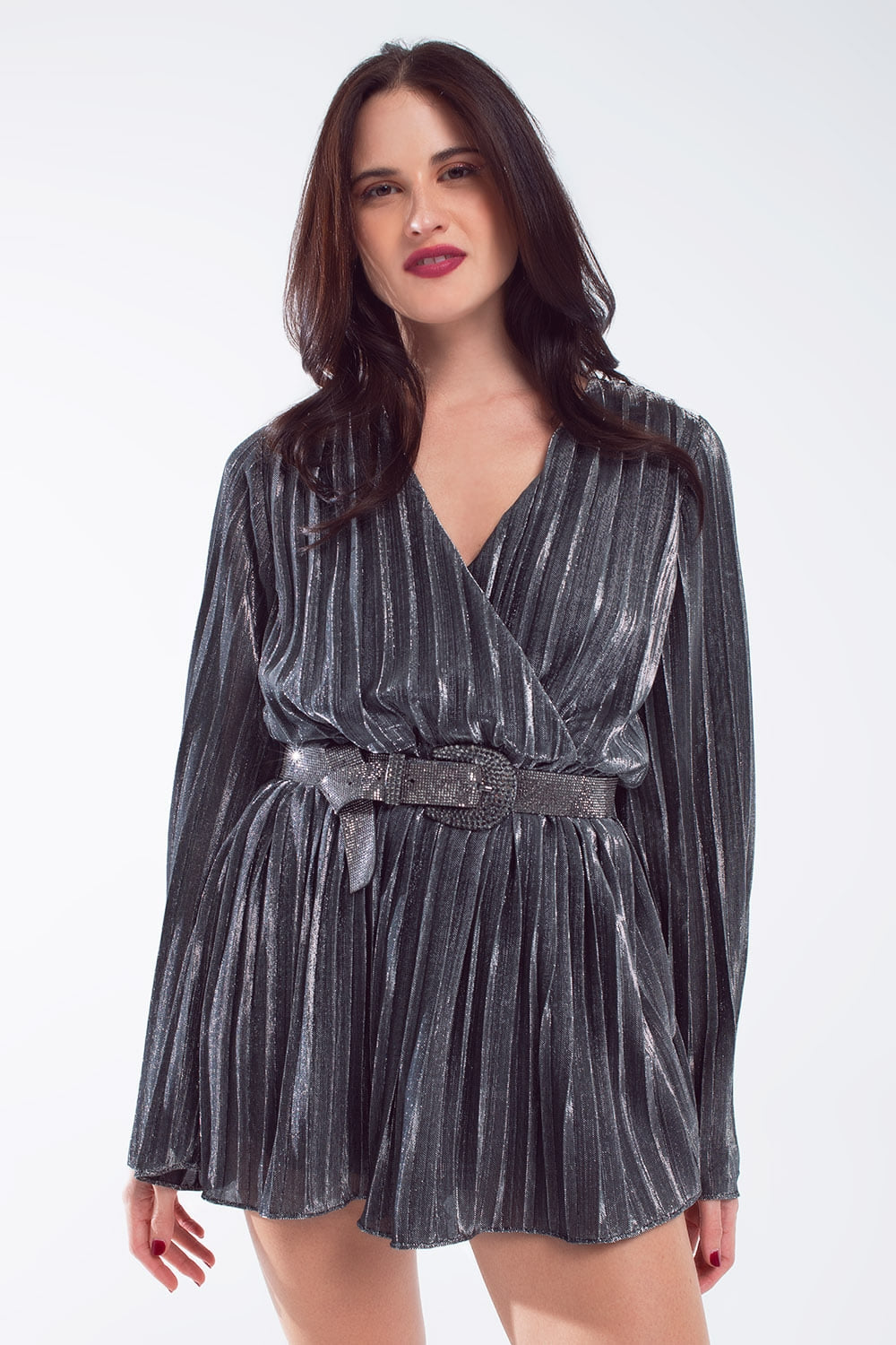 Glitter playsuit in silver with V neck - dress, jumpsuit