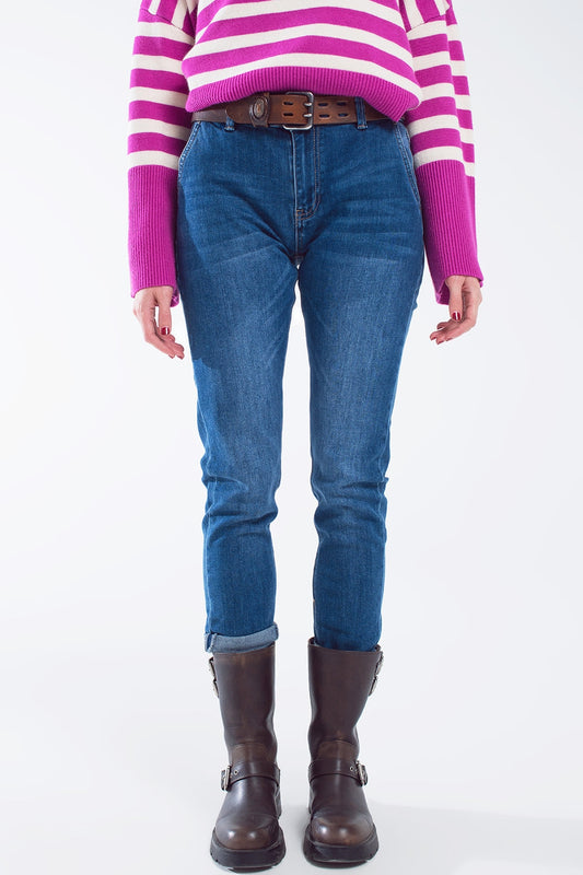 Basic Straigh Jeans With Side Pockets in Mid Wash - Denim