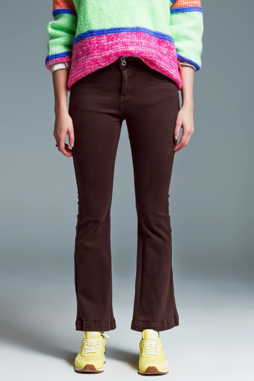 Skinny Flared Jeans With Double Button Detail in Brown - Coloured Jeans