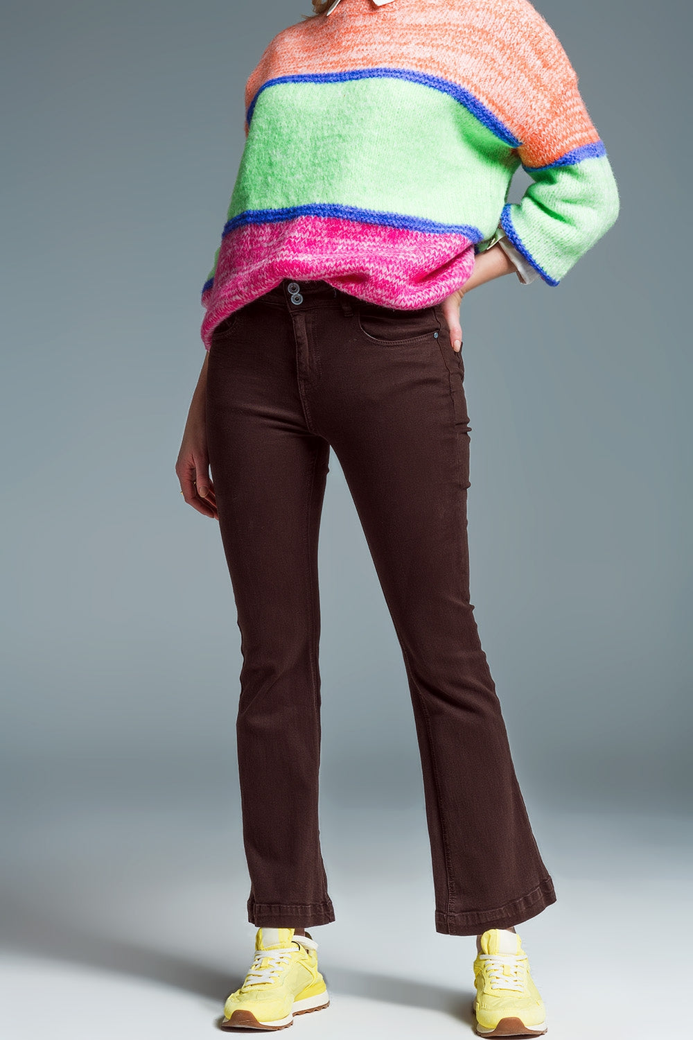 Skinny Flared Jeans With Double Button Detail in Brown - Coloured Jeans